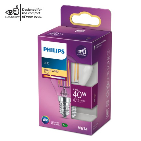 Lampadina LED filamento a sfera E14 P45 40 W Philips 2700 K luce calda