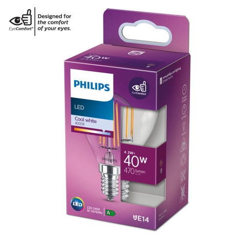 Lampadina LED filamento a sfera E14 P45 40 W Philips 4000 K luce naturale