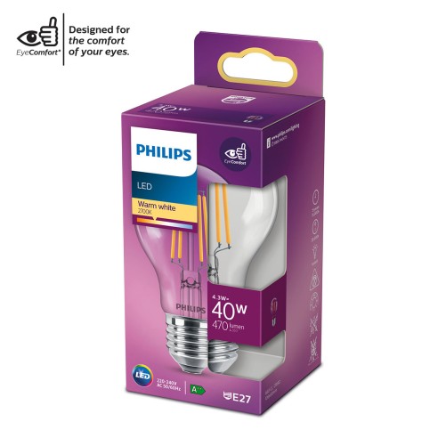 Lampadina LED a goccia E27 con filamento A60 40 W Philips 2700 K luce calda