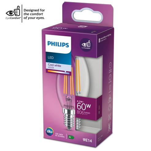 Lampadina LED oliva E14 a filamento B35 60 W Philips 4000 K luce naturale