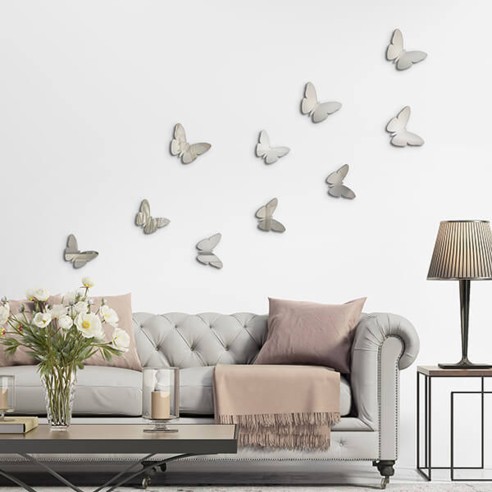 Crearreda Spring Decor decorazione adesiva per pareti 3D Farfalla argento 10pz ambientata