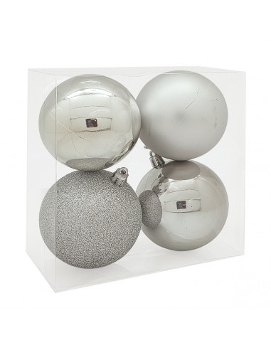 Palline di Natale in plastica argento Ø 8 cm confezione da 4 pezzi