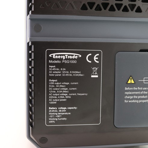 Generatore solare portatile power bank PSG1000 5V-12V-220V etichetta
