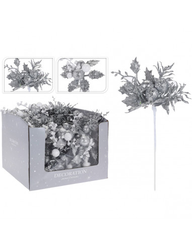 Decorazione per albero di Natale pick fiore argento H20 cm assortito