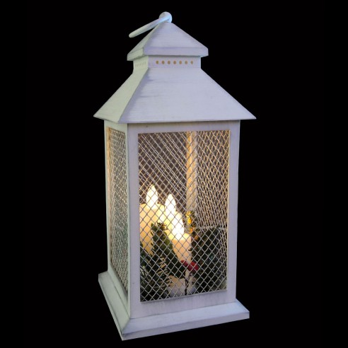 Lanterna a batteria bianco anticato con 3 candele LED e decorazioni natalizie H31 cm Prequ