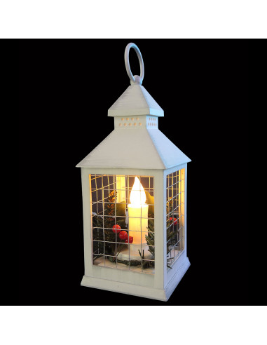 Lanterna a batteria bianco anticato con candela LED e decorazioni H24 cm Prequ