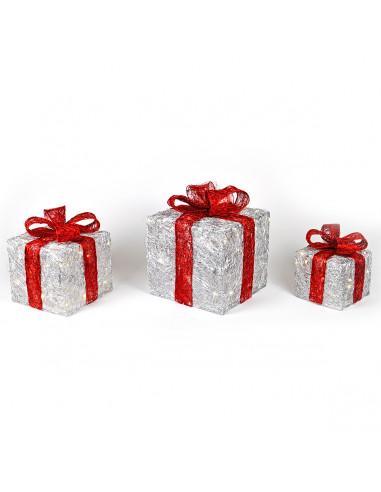 3 pacchi regalo filo metallo argento lucido con fiocco rosso a batteria 75 LED luce calda fissa Prequ