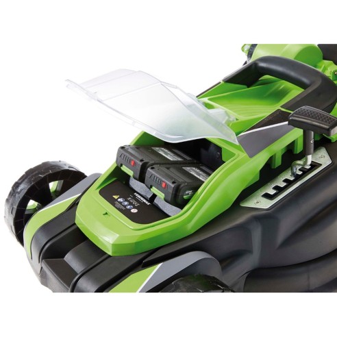 Rasaerba a batteria 20V 2Ah lama 38cm mulching RS20 Verdemax 4354 slot batteria doppio