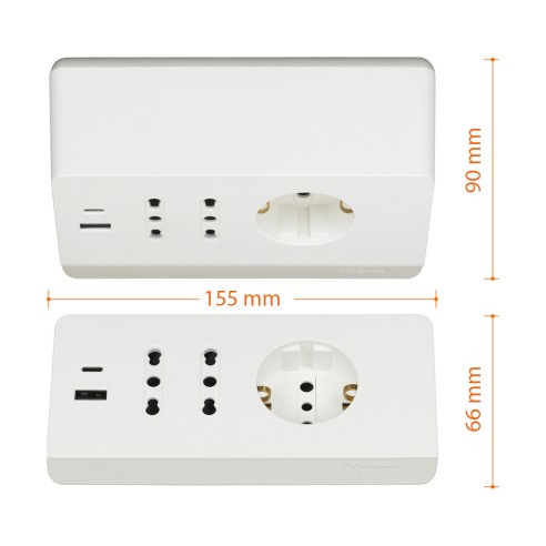Multipresa da scrivania 2 prese USB tipo A+C bianca Bticino S3711DBU dimensioni