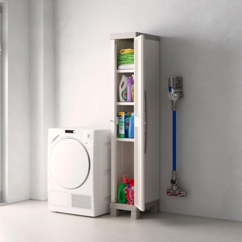 Armadio 1 anta Keter Excellence 4 ripiani regolabili, resina, sabbia ambientato