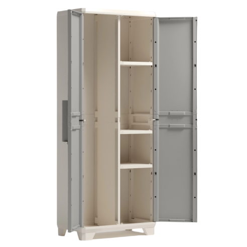 Keter armadio Linear Wood portascope in resina grigio tortora aperto