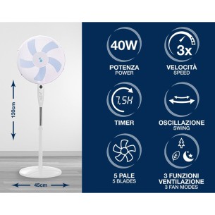 Beper ventilatore a piantana con telecomando, 5 pale, timer, bianco 2