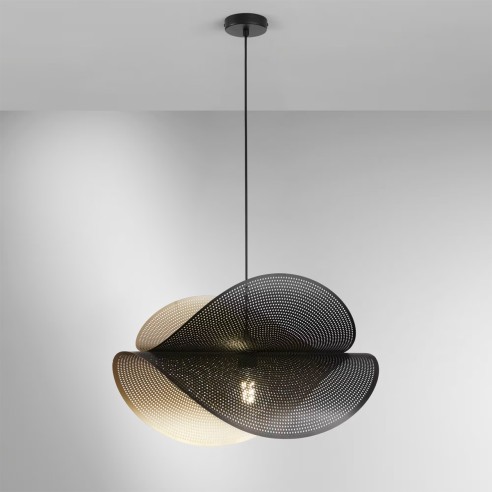 Lampadario design Rhei metallo forato nero a doppia vela
