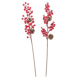 Decorazione per albero di Natale pick bacche rosse con pigne H61 cm assortito Mercury 58068