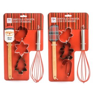 Set Natale spatola silicone con manico legno frusta 3 forme biscotti assortito Mercury 56733