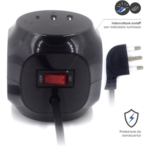Multipresa a cubo 3 prese e 3 uscite USB nero