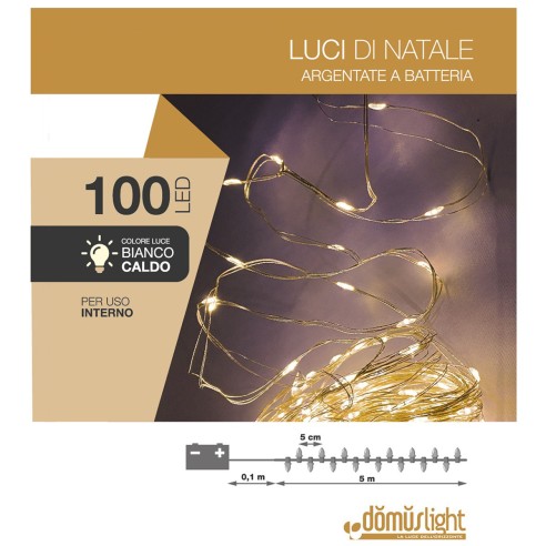 Luci di Natale a batteria cavo metallico 100 nano LED bianco caldo luce fissa 5 m Domus Light 8054650115067