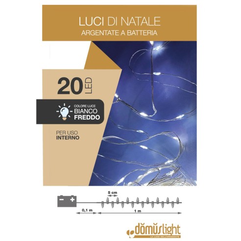 Luci di Natale a batteria cavo metallico 20 nano LED bianco freddo luce fissa 1 m Domus Light 8054650115036