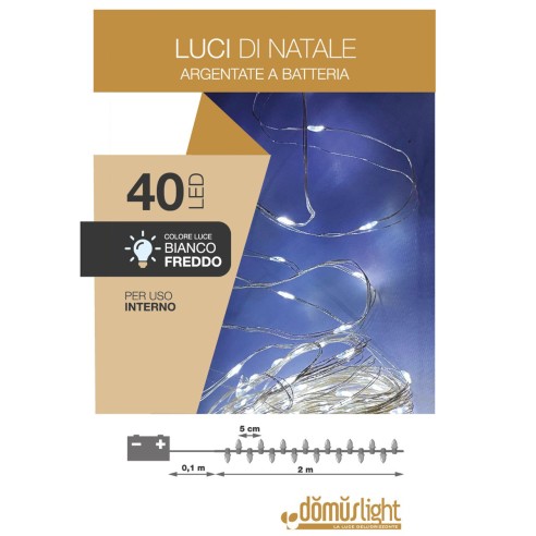 Luci di Natale a batteria cavo metallico 40 nano LED bianco freddo luce fissa 2 m Domus Light 8054650115050