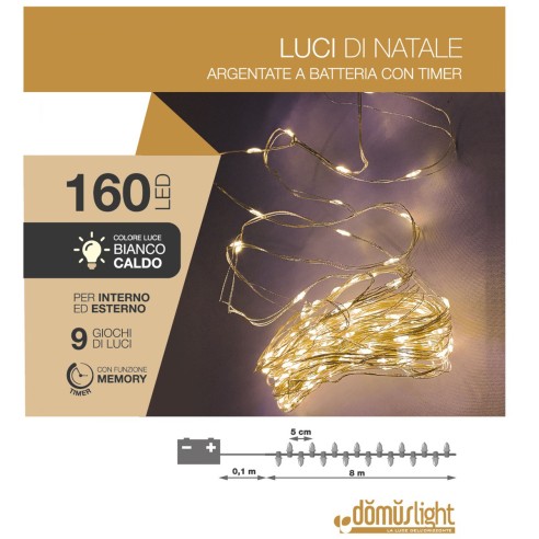 Luci di Natale a batteria con timer cavo metallico 160 nano LED bianco caldo giochi luce 8 m Domus Light 8054650115098