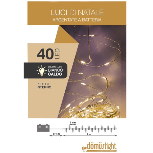 Luci di Natale a batteria cavo metallico 40 nano LED bianco caldo luce fissa 2 m Domus Light 8054650115043