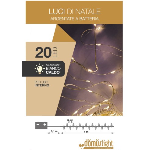 Luci di Natale a batteria cavo metallico 20 nano LED bianco caldo luce fissa 1 m Domus Light 8054650115029