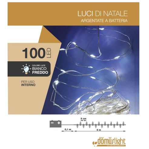 Luci di Natale a batteria cavo metallico 100 nano LED bianco freddo luce fissa 5m 8054650115074