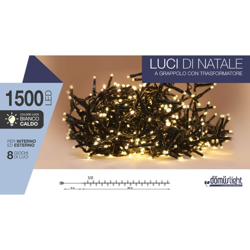 Luci di Natale grappolo cavo verde 1500 LED bianco caldo con memory giochi luce 30m Domus Light 8054650115142