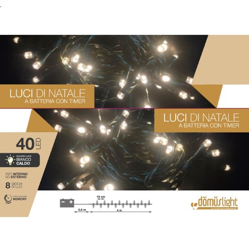 Luci di Natale a batteria con timer cavo verde 40 LED bianco caldo 8 funzioni 4 m Domus Light 8054615078604