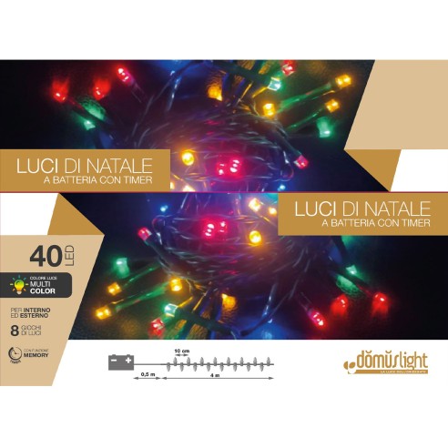Luci di Natale a batteria con timer cavo verde 40 LED multicolor 8 funzioni 4 m Domus Light 8054615078611