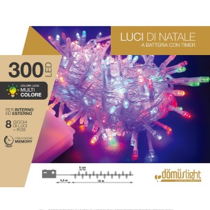 Luci di Natale a batteria con timer cavo trasparente 300 LED multicolor 8 funzioni 15 m Domus Light 8054650047122