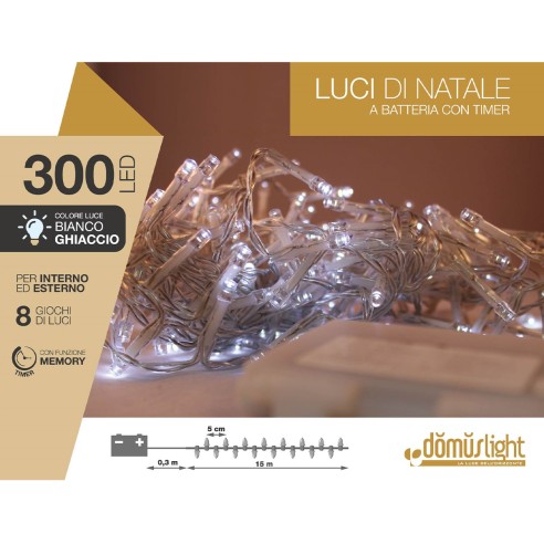 Luci di Natale a batteria con timer cavo trasparente 300 LED bianco ghiaccio 8 funzioni 15 m Domus Light 8054650047115