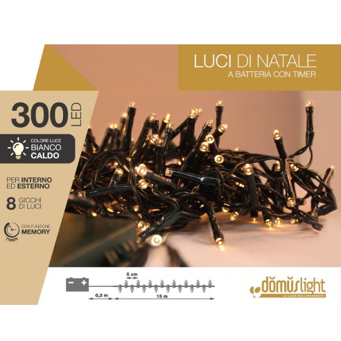 Luci di Natale a batteria con timer cavo verde 300 LED bianco caldo 8 funzioni 15 m Domus Light 8054650047108