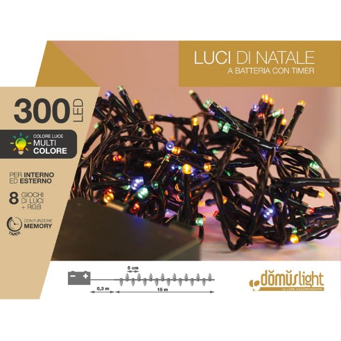 Luci di Natale a batteria con timer cavo verde 300 LED multicolor 8 funzioni 15 m Domus Light 8054650047085