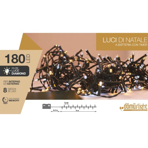 Luci di Natale a batteria con timer cavo verde 180 LED diamond 8 funzioni 9 m Domus Light 8054650047016