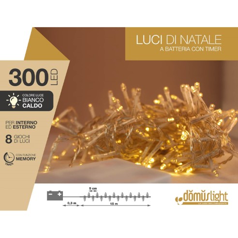 Luci di Natale a batteria con timer cavo trasparente 300 LED bianco caldo 8 funzioni 15 m Domus Light 8054650047146