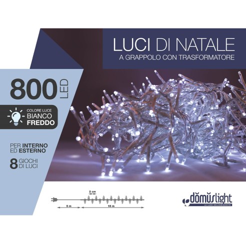 Luci di Natale grappolo cavo trasparente 800 LED bianco freddo 8 funzioni 16 m Domus Light 8054650064730