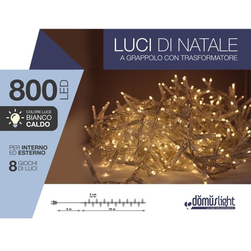 Luci di Natale grappolo cavo trasparente 800 LED bianco caldo 8 funzioni 16 m Domus Light 8054650064723