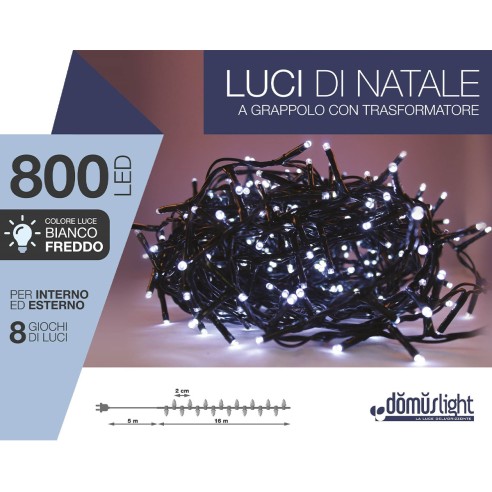 Luci di Natale grappolo cavo verde 800 LED bianco freddo 8 funzioni 16 m Domus Light 8054650064716