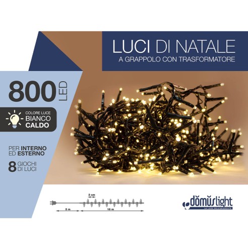 Luci di Natale grappolo cavo verde 800 LED bianco caldo 8 funzioni 16 m Domus Light 8054650064709