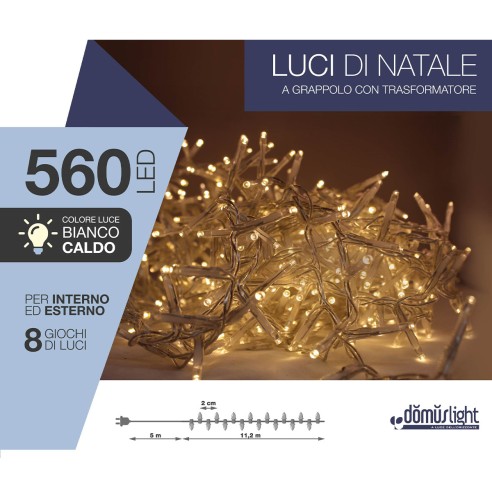 Luci di Natale grappolo cavo trasparente 560 LED bianco caldo 8 funzioni 11 m Domus Light 8054650086350