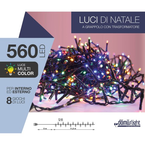 Luci di Natale grappolo cavo verde 560 LED multicolor 8 funzioni 11 m Domus Light 8054650086343