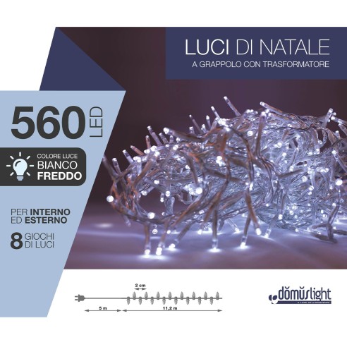 Luci di Natale grappolo cavo trasparente 560 LED bianco freddo 8 funzioni 11 m Domus Light 8054650086367