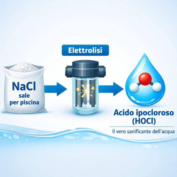 Schema di funzionamento del clorinatore a sale: il sale NaCl viene trasformato tramite elettrolisi in acido ipocloroso HOCl